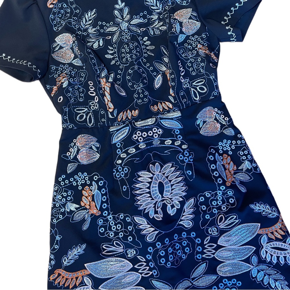 Short sleeve Foxiedox embroidered floral navy blue dress
